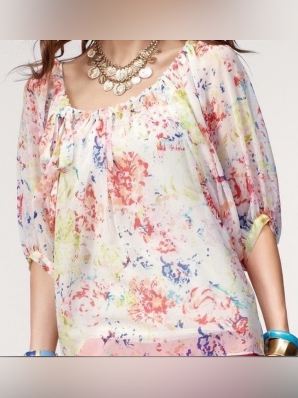 CAbi #826 Watercolor Floral Off Shoulder 3/4 Sleeve Blouse Size Small